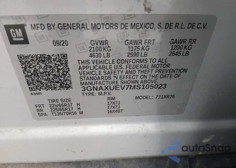 2021 Chevrolet Equinox Awd Lt z USA, uszkodzony, nr VIN 3GNAXUEV7MS105023